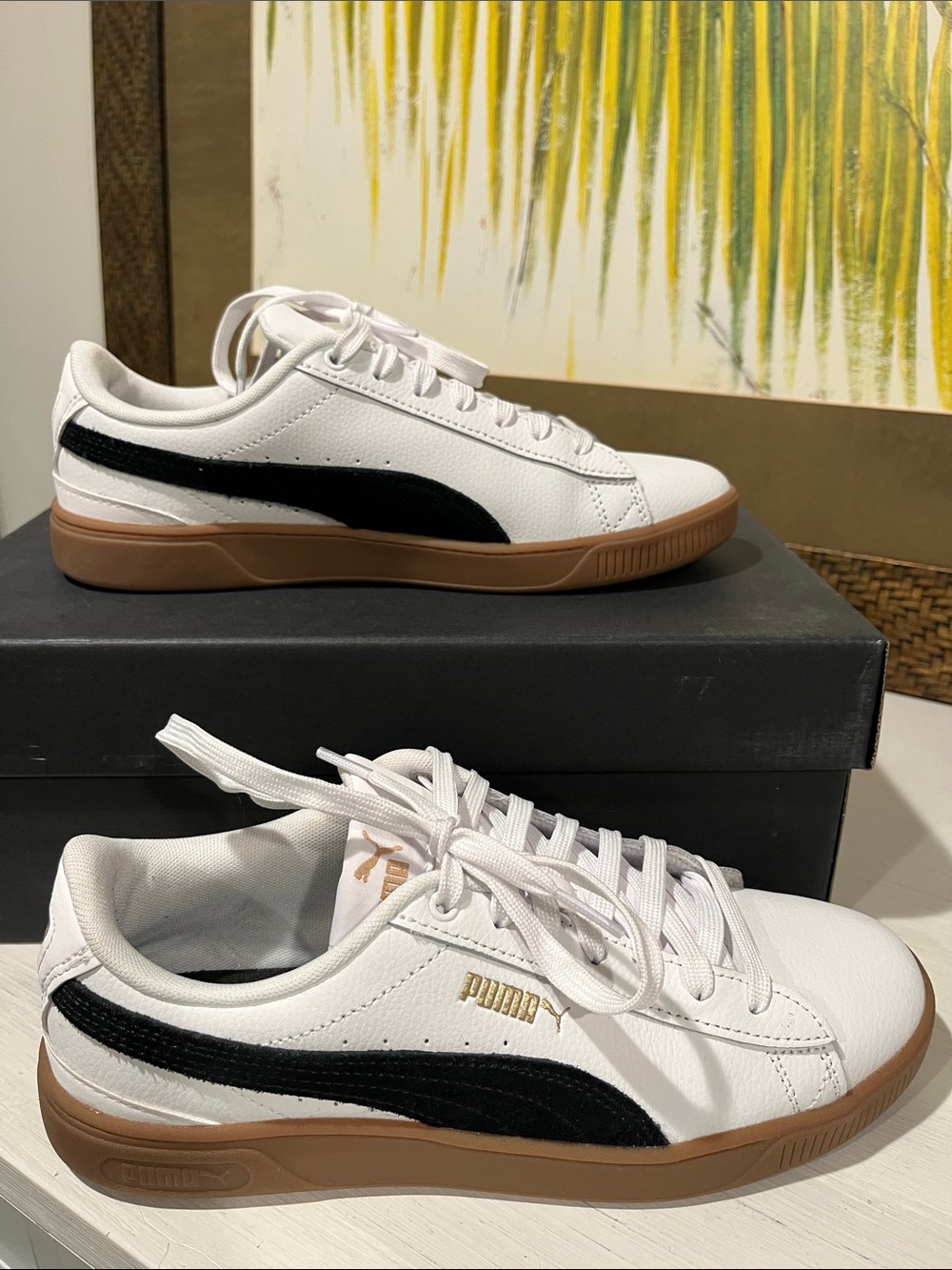 Women’s Puma Vikky v3 White Leather Black Suede and Gum Sneakers